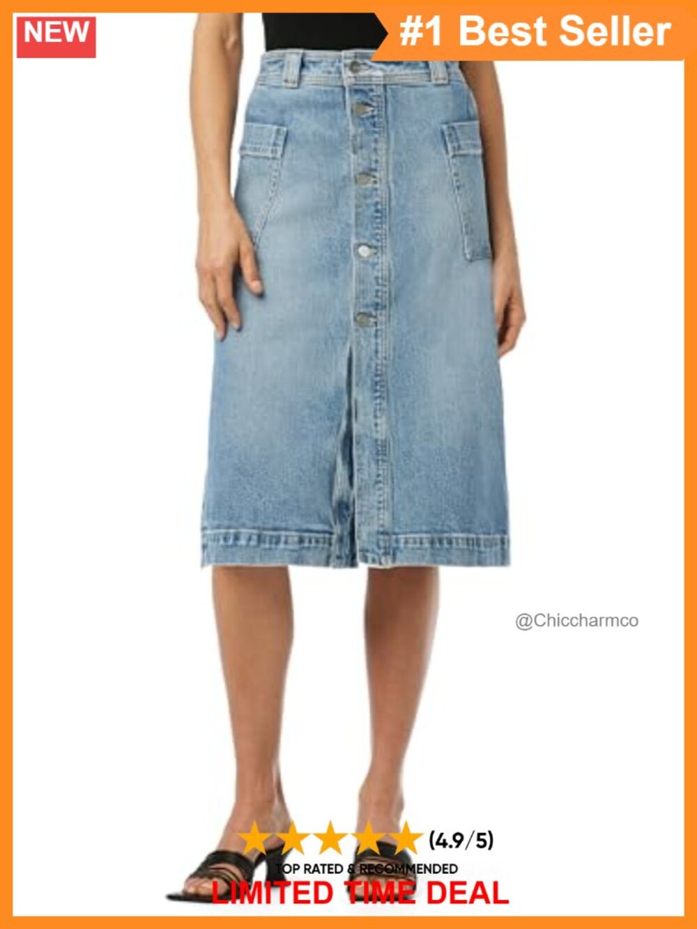 High Rise Patch Pocket Midi Denim Skirt Button Up A-Line Casual